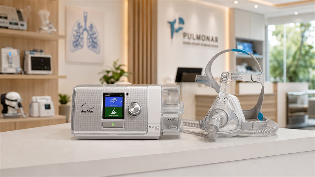 Aparelho CPAP montado com máscara e umidificador em cima da bancada do showroom da Pulmonar em Uberlandia