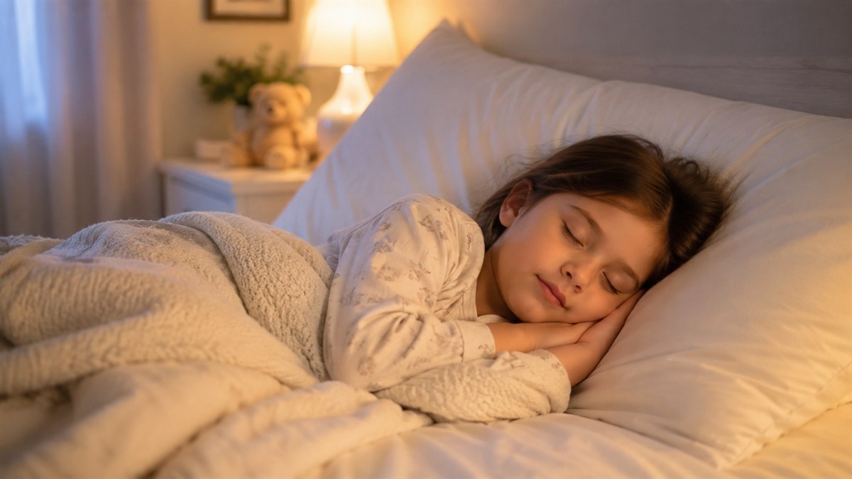 Crianca dormindo tranquila em cama com lencois claros, ambiente aconchegante