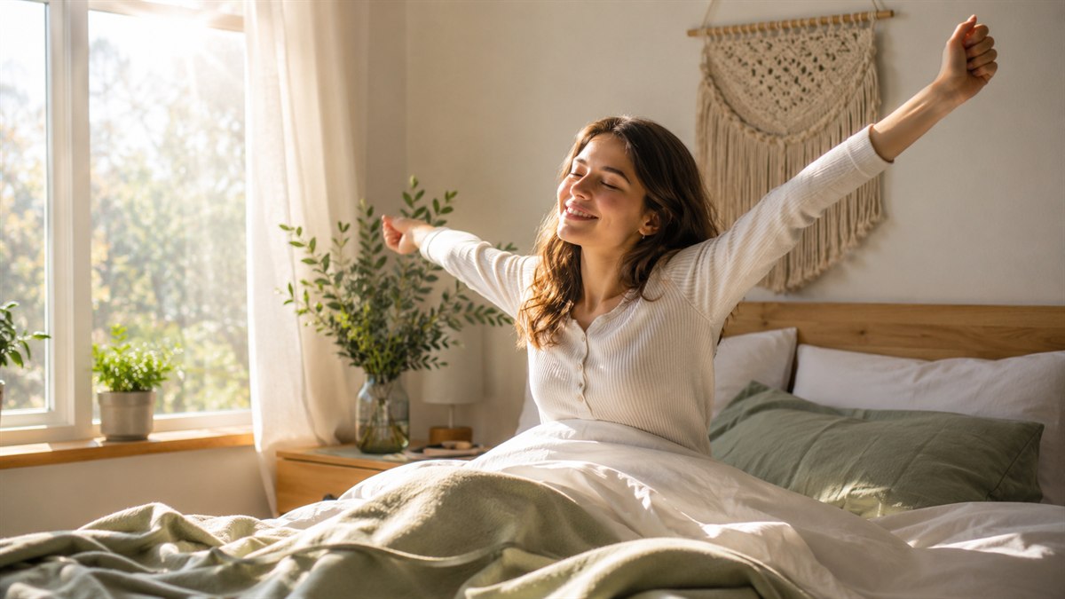 Pessoa acordando descansada apos noite de sono, luz suave da manha pela janela