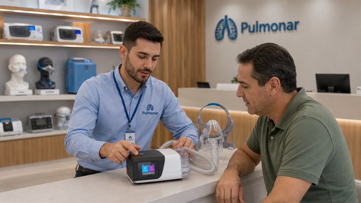 Profissional da Pulmonar orientando paciente sobre o uso do CPAP no showroom em Uberlândia