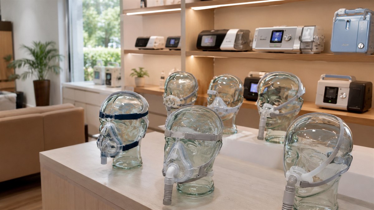 Variedade de máscaras de CPAP expostas no showroom da Pulmonar em Uberlândia