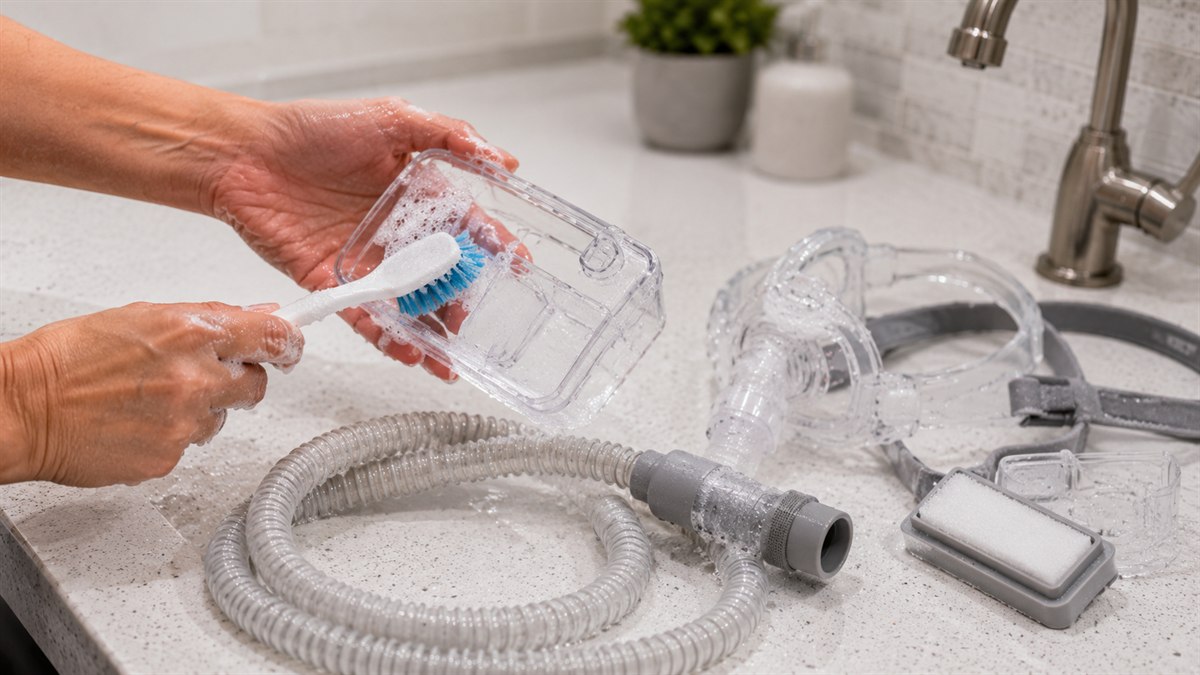 Peças de CPAP como mangueira, filtro e reservatorio de umidificador sendo higienizados sobre bancada