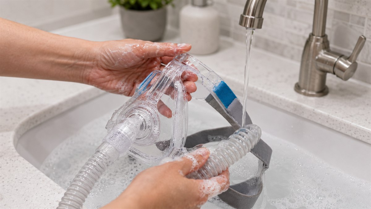 Máscara CPAP e tubo sendo higienizados com água e sabão neutro em pia