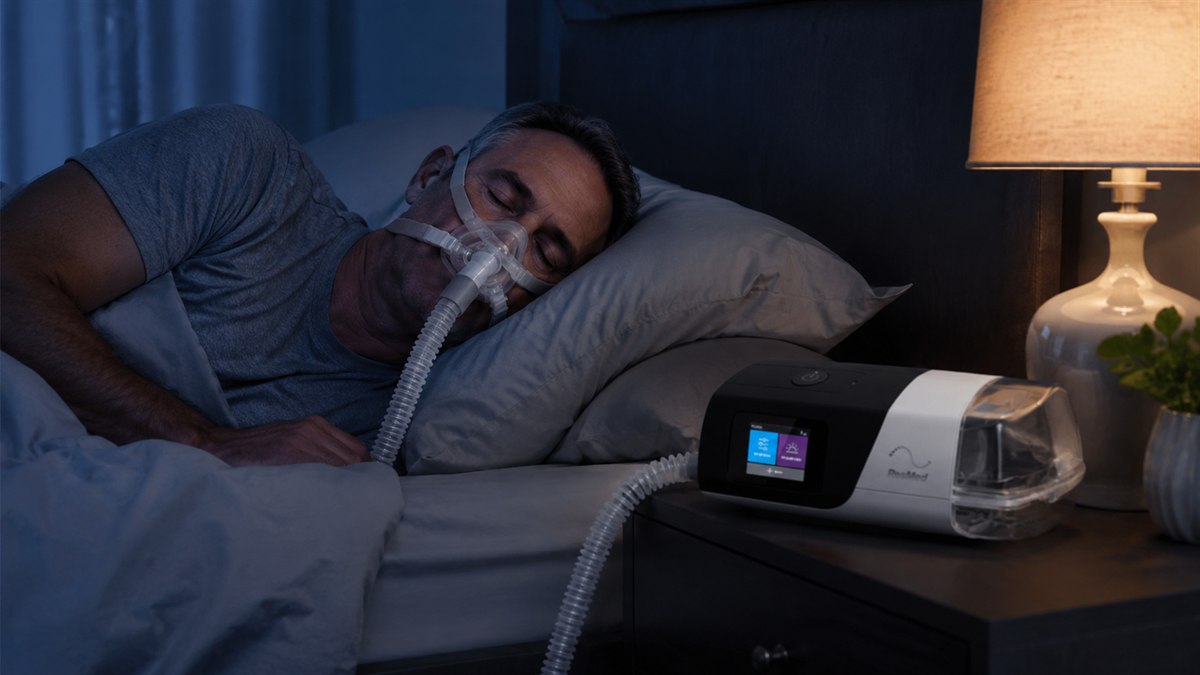 Pessoa dormindo tranquilamente usando máscara de CPAP durante a noite
