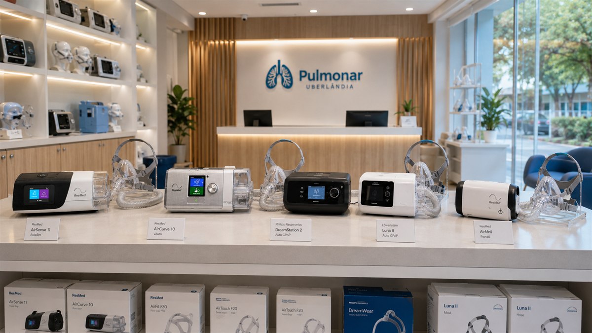 Aparelhos CPAP de diferentes modelos expostos no showroom da Pulmonar em Uberlandia com etiquetas de marca