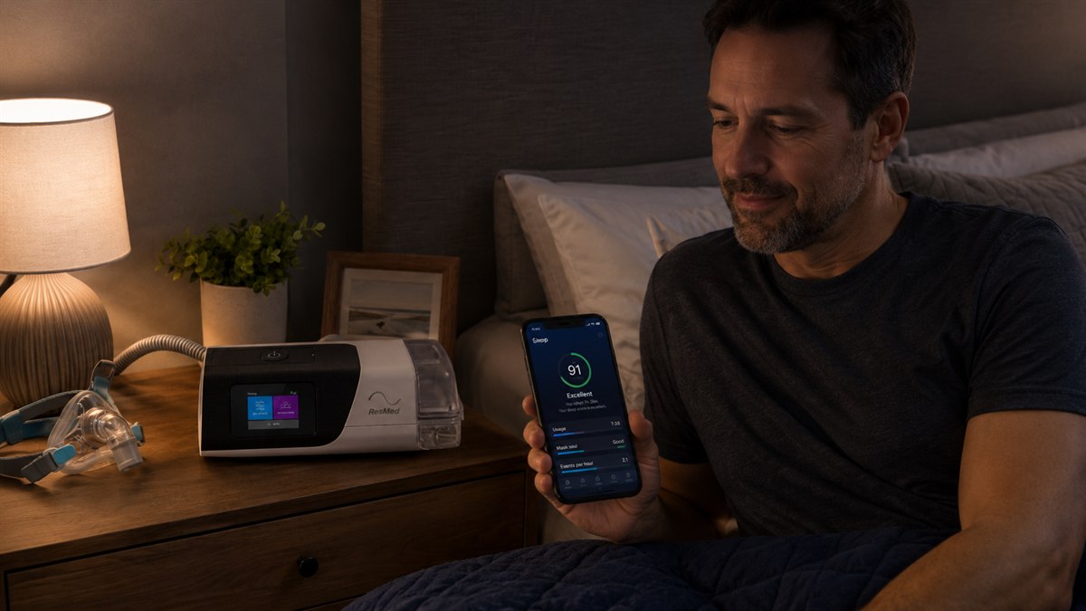 Pessoa medindo a qualidade do sono com aparelho CPAP ao lado da cama, ambiente calmo