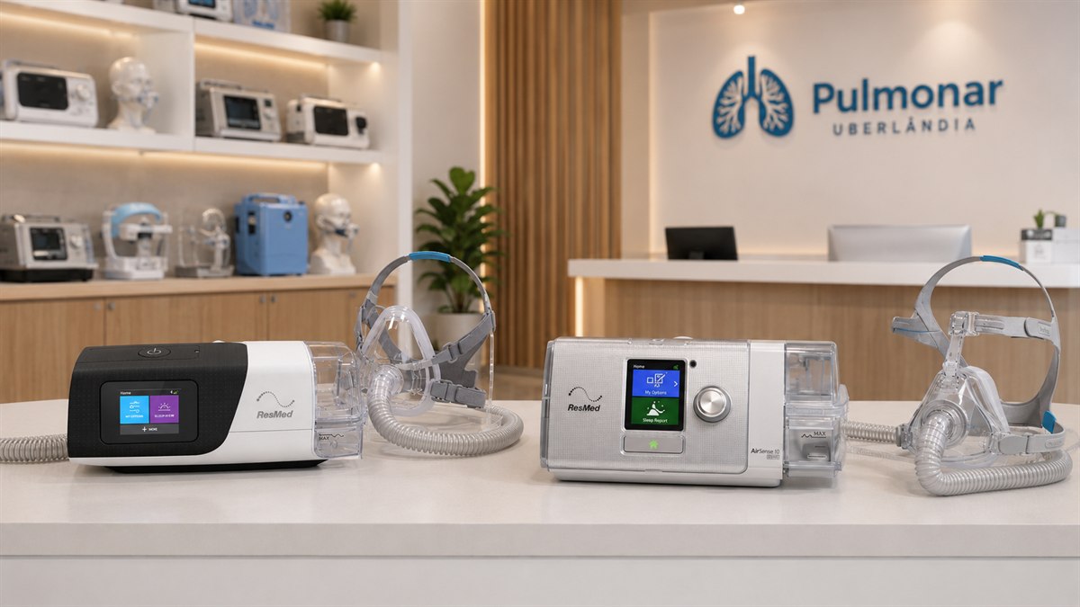 Dois aparelhos CPAP, um fixo e um automático, lado a lado no showroom da Pulmonar em Uberlândia