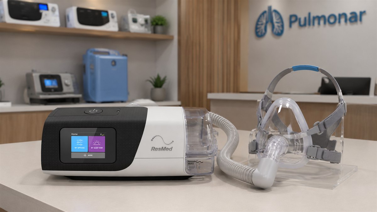 Aparelho CPAP com máscara e mangueira sobre a mesa do showroom da Pulmonar em Uberlandia