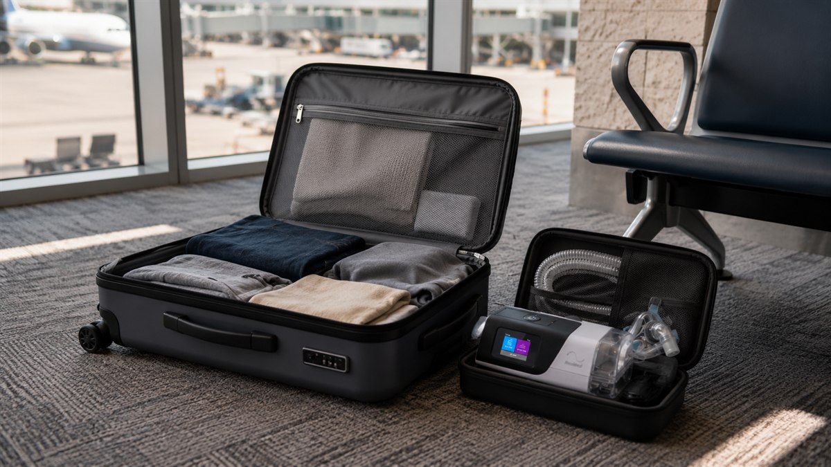 Mala de viagem aberta com estojo de CPAP ao lado, ambiente de aeroporto