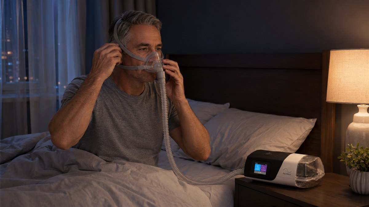 Pessoa ajustando corretamente a máscara CPAP antes de dormir