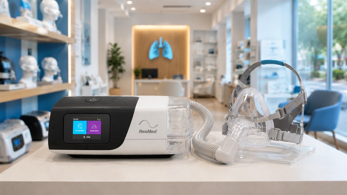 Aparelho CPAP com máscara e umidificador em exposição no showroom da Pulmonar em Uberlândia