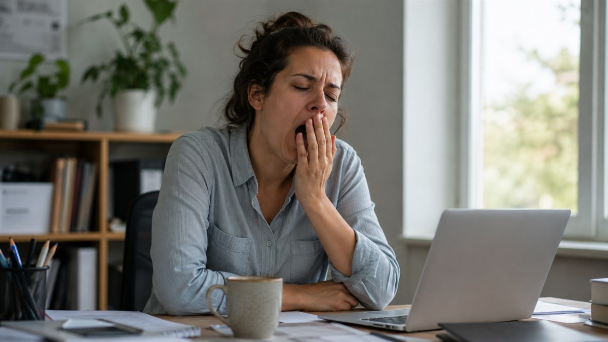Pessoa cansada bocejando à mesa de trabalho durante o dia, com xícara de café ao lado