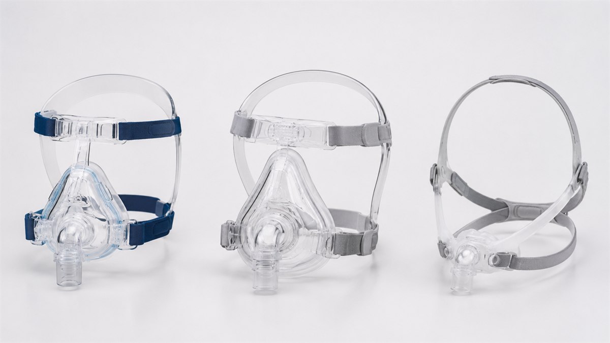Três tipos de máscara CPAP lado a lado, nasal, oronasal e pillow, sobre fundo neutro