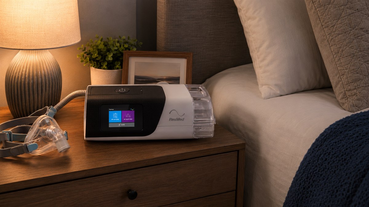 Aparelho CPAP com reservatório de umidificador acoplado sobre mesa de cabeceira
